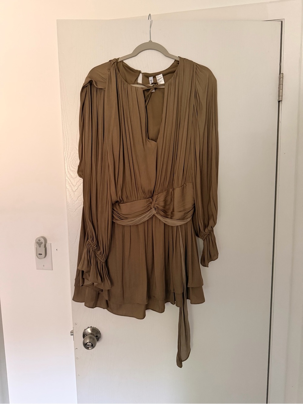 H&M Olive Green Pleated Long-Sleeve Mini Dress